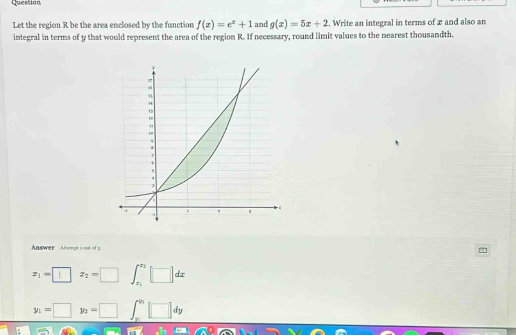 question let the region r be the area enclosed by the function f(x)=e^x + 1 and g(x)=5x + 2. write an integral in terms of x and also an integral in terms of y that would represent the area of the region r. if necessary, round limit values to the nearest thousandth. answer attempt 1 out of 3 x1= x2= ∫x1 to x2dx y1= y2= ∫y1 to y2dy