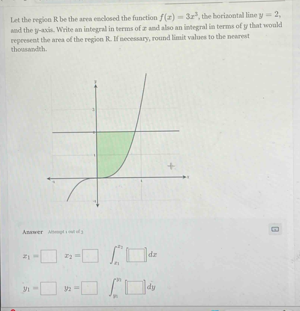 let the region r be the area enclosed the function f(x)=3x³, the horizontal line y = 2, and the y - axis. write an integral in terms of x and also an integral in terms of y that would represent the area of the region r. if necessary, round limit values to the nearest thousandth. answer attempt 1 out of 3 x1=□ x2=□ ∫x1x2□dx y1=□ y2=□ ∫y1y2□dy