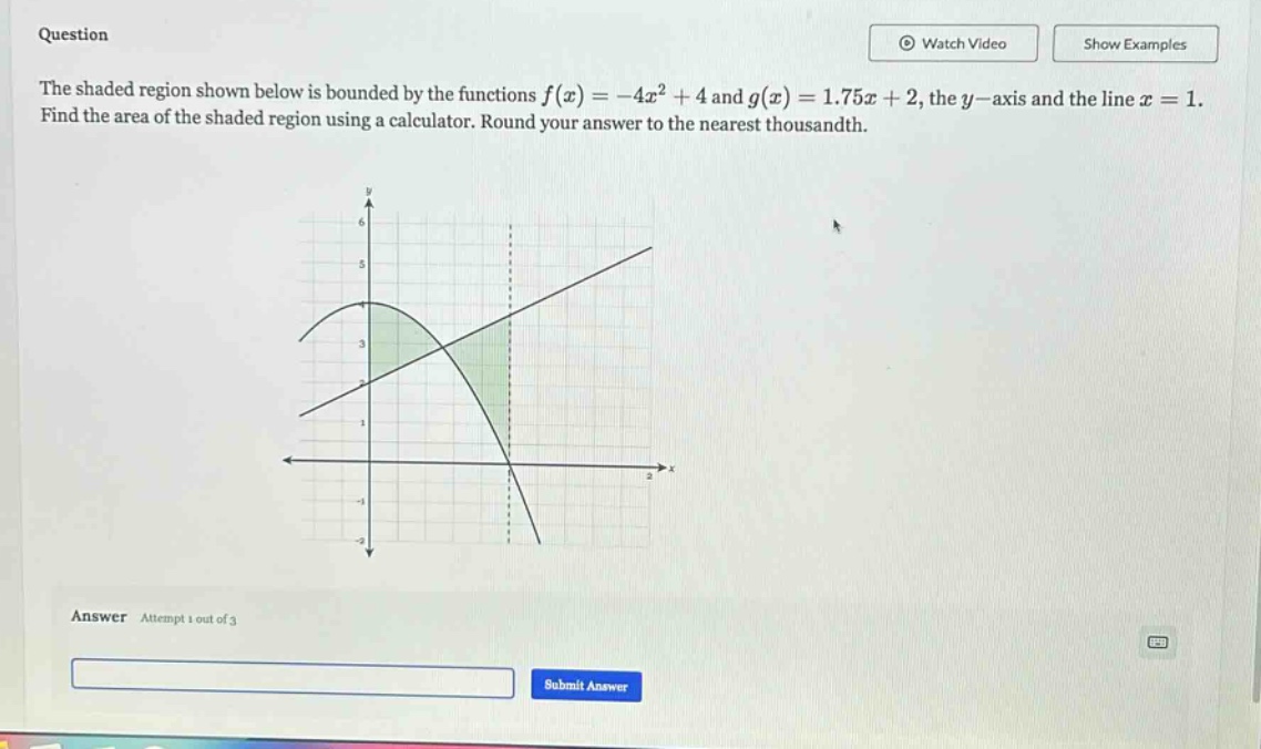 question the shaded region shown below is bounded by the functions f(x)=−4x² + 4 and g(x)=1.75x + 2, the y - axis and the line x = 1. find the area of the shaded region using a calculator. round your answer to the nearest thousandth. answer attempt 1 out of 3