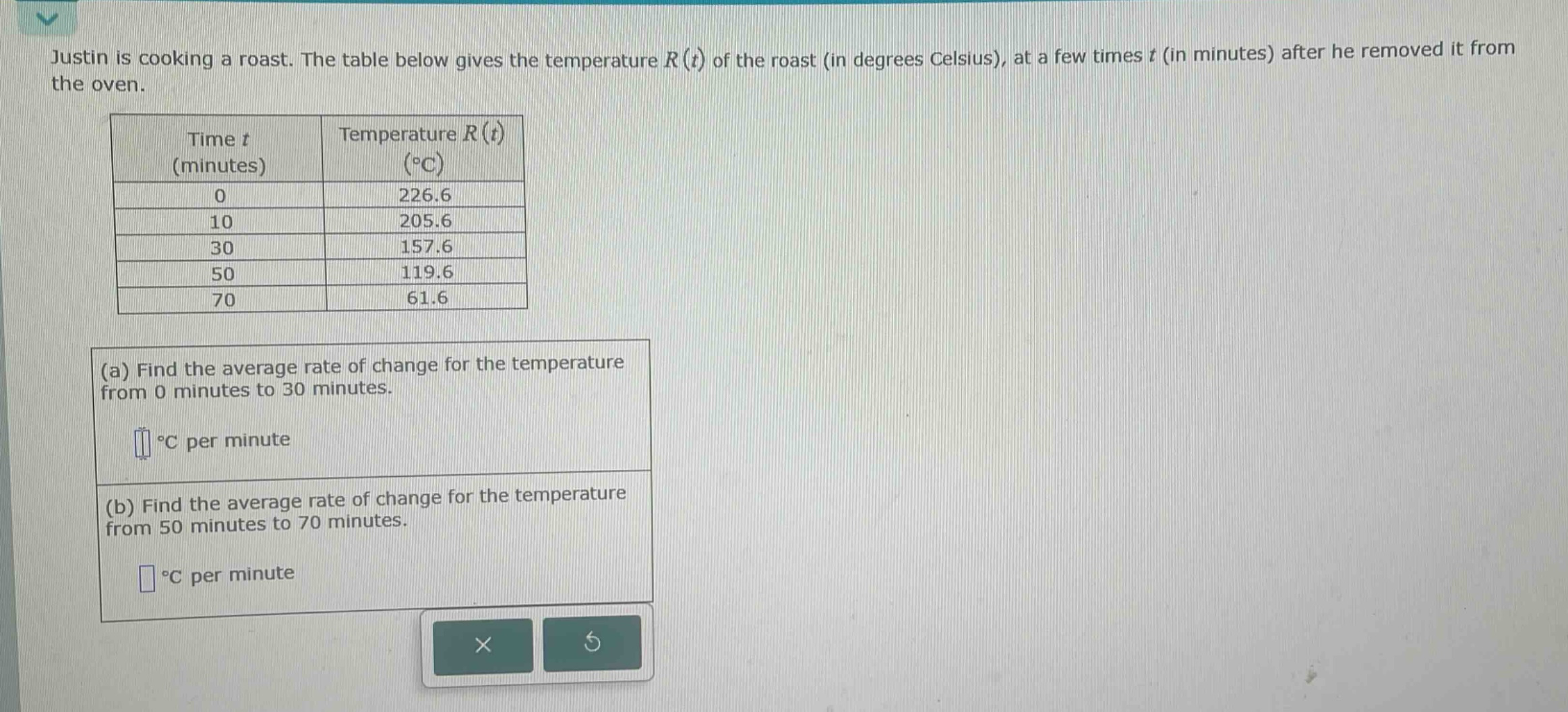 justin is cooking a roast. the table below gives the temperature r(t) of the roast (in degrees celsius), at a few times t (in minutes) after he removed it from the oven. time t (minutes) temperature r(t) (°c) 0 226.6 10 205.6 30 157.6 50 119.6 70 61.6 (a) find the average rate of change for the temperature from 0 minutes to 30 minutes. °c per minute (b) find the average rate of change for the temperature from 50 minutes to 70 minutes. °c per minute