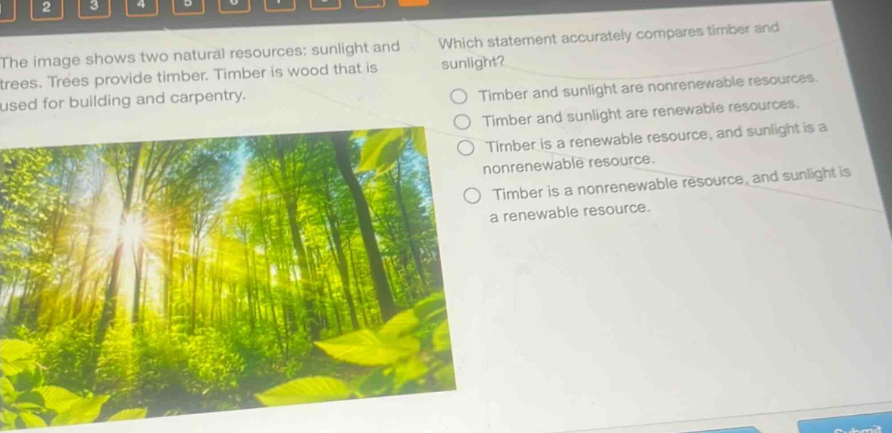 the image shows two natural resources: sunlight and trees. trees provide timber. timber is wood that is used for building and carpentry. which statement accurately compares timber and sunlight? timber and sunlight are nonrenewable resources. timber and sunlight are renewable resources. timber is a renewable resource, and sunlight is a nonrenewable resource. timber is a nonrenewable resource, and sunlight is a renewable resource.