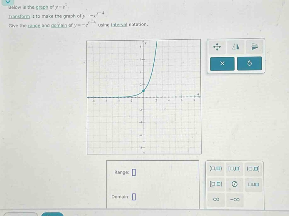 below is the graph of y = e^x. transform it to make the graph of y=-e^(x - 4). give the range and domain of y=-e^(x - 4) using interval notation. range: domain: