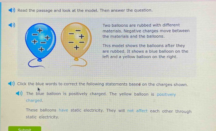 read the passage and look at the model. then answer the question. two balloons are rubbed with different materials. negative charges move between the materials and the balloons. this model shows the balloons after they are rubbed. it shows a blue balloon on the left and a yellow balloon on the right. click the blue words to correct the following statements based on the charges shown. the blue balloon is positively charged. the yellow balloon is positively charged. these balloons have static electricity. they will not affect each other through static electricity.