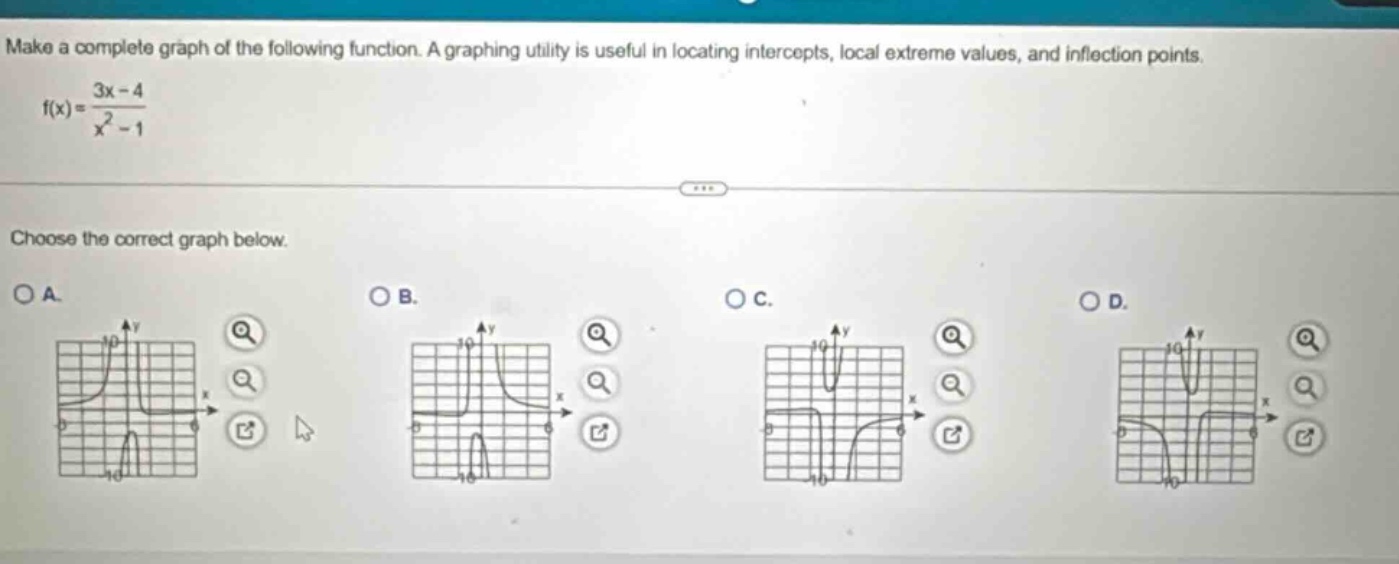 make a complete graph of the following function. a graphing utility is useful in locating intercepts, local extreme values, and inflection points. f(x) = (3x - 4)/(x^2 - 1) choose the correct graph below.