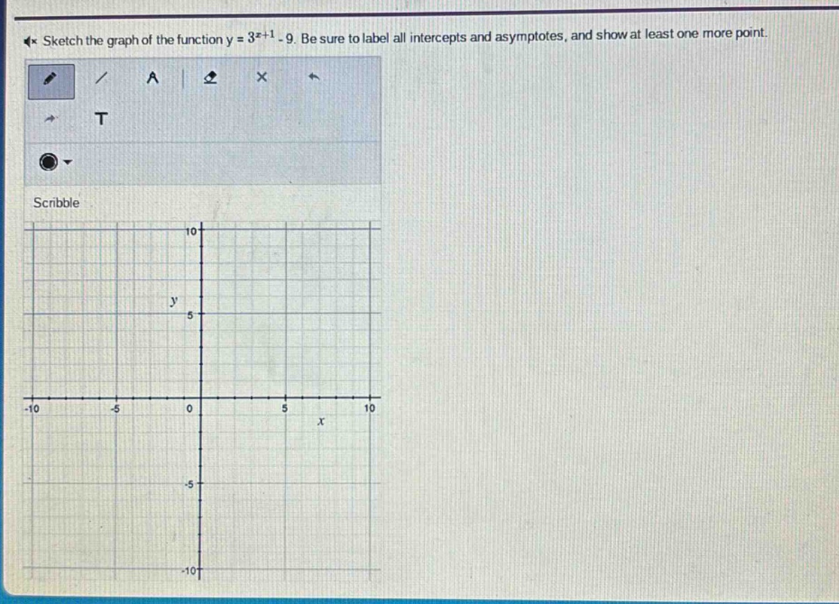 sketch the graph of the function y = 3^x+1 - 9. be sure to label all intercepts and asymptotes, and show at least one more point.