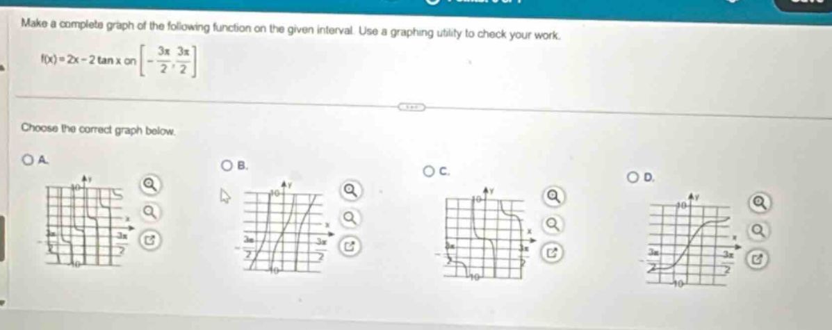 make a complete graph of the following function on the given interval. use a graphing utility to check your work. f(x)=2x - 2 tan x on -3π/2, 3π/2. choose the correct graph below.