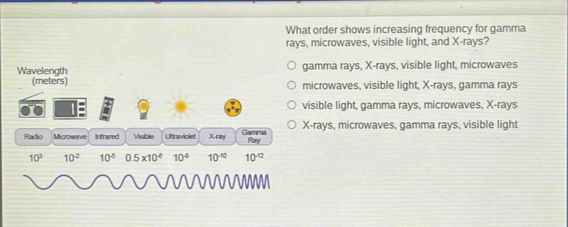 what order shows increasing frequency for gamma rays, microwaves, visible light, and x - rays?\no gamma rays, x - rays, visible light, microwaves\no microwaves, visible light, x - rays, gamma rays\no visible light, gamma rays, microwaves, x - rays\no x - rays, microwaves, gamma rays, visible light