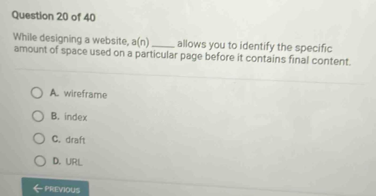 question 20 of 40 while designing a website, a(n) ____ allows you to identify the specific amount of space used on a particular page before it contains final content. a. wireframe b. index c. draft d. url