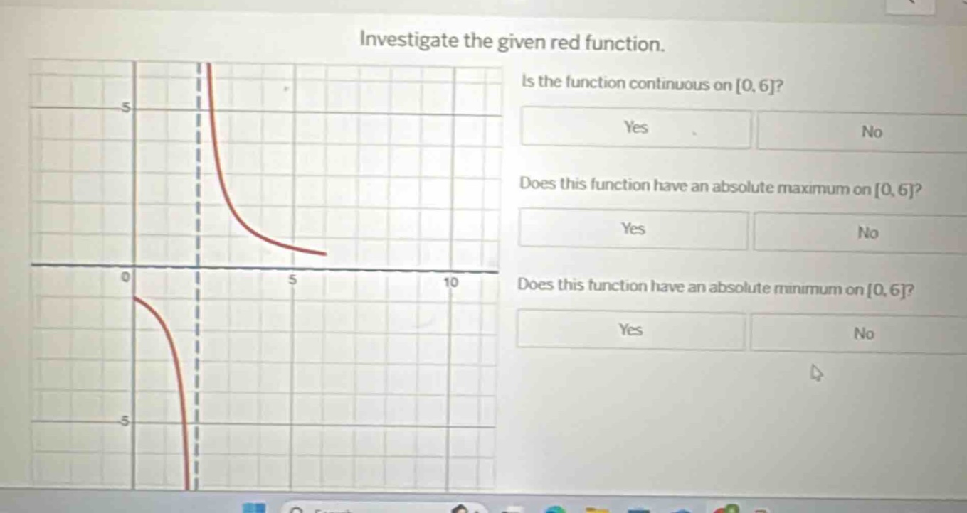 investigate the given red function. is the function continuous on 0,6? yes no does this function have an absolute maximum on 0,6? yes no does this function have an absolute minimum on 0,6? yes no