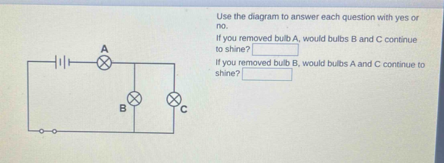 use the diagram to answer each question with yes or no. if you removed bulb a, would bulbs b and c continue to shine? if you removed bulb b, would bulbs a and c continue to shine?