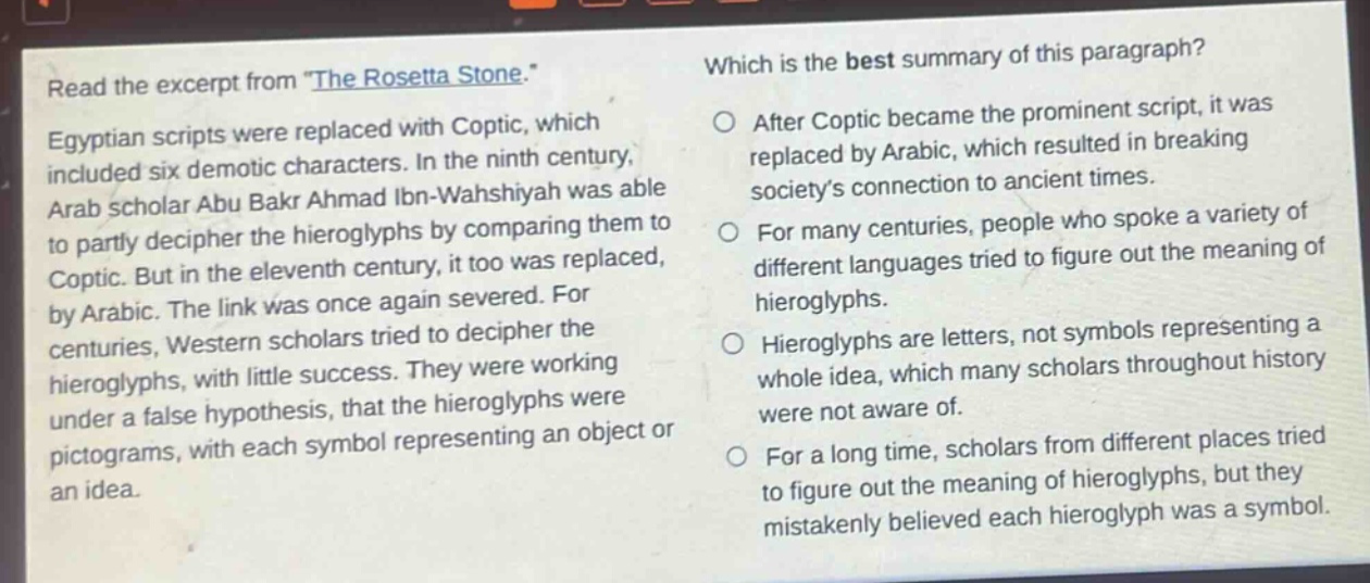 read the excerpt from \the rosetta stone.\ egyptian scripts were replaced with coptic, which included six demotic characters. in the ninth century, arab scholar abu bakr ahmad ibn - wahshiyah was able to partly decipher the hieroglyphs by comparing them to coptic. but in the eleventh century, it too was replaced, by arabic. the link was once again severed. for centuries, western scholars tried to decipher the hieroglyphs, with little success. they were working under a false hypothesis, that the hieroglyphs were pictograms, with each symbol representing an object or an idea. which is the best summary of this paragraph? after coptic became the prominent script, it was replaced by arabic, which resulted in breaking societys connection to ancient times. for many centuries, people who spoke a variety of different languages tried to figure out the meaning of hieroglyphs. hieroglyphs are letters, not symbols representing a whole idea, which many scholars throughout history were not aware of. for a long time, scholars from different places tried to figure out the meaning of hieroglyphs, but they mistakenly believed each hieroglyph was a symbol.