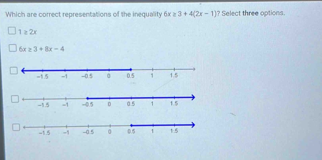 which are correct representations of the inequality 6x ≥ 3 + 4(2x - 1)? select three options. 1 ≥ 2x 6x ≥ 3 + 8x - 4
