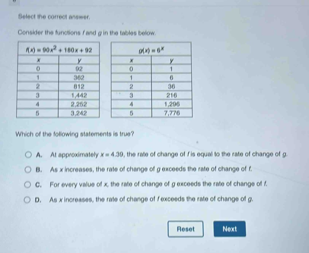select the correct answer. consider the functions f and g in the tables below. f(x)=90x² + 180x + 92 g(x)=6^x x y x y 0 92 0 1 1 362 1 6 2 812 2 36 3 1,442 3 216 4 2,252 4 1,296 5 3,242 5 7,776 which of the following statements is true? a. at approximately x = 4.39, the rate of change of f is equal to the rate of change of g. b. as x increases, the rate of change of g exceeds the rate of change of f. c. for every value of x, the rate of change of g exceeds the rate of change of f. d. as x increases, the rate of change of f exceeds the rate of change of g. reset next