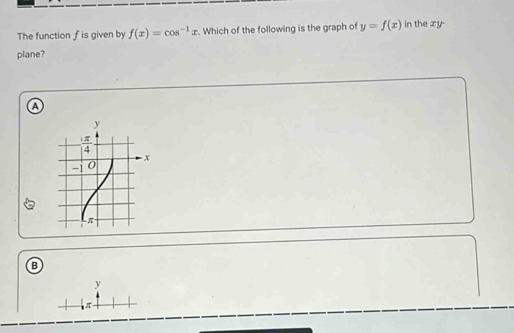 the function f is given by f(x) = cos⁻¹x. which of the following is the graph of y = f(x) in the xy - plane?