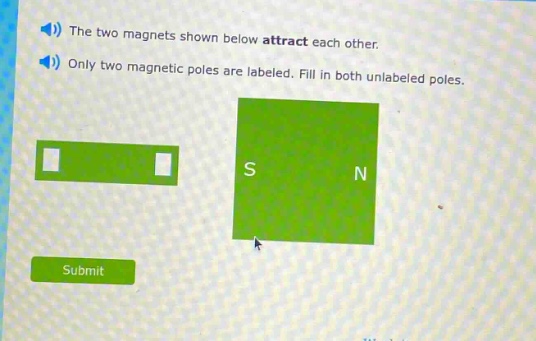 the two magnets shown below attract each other. only two magnetic poles are labeled. fill in both unlabeled poles.
