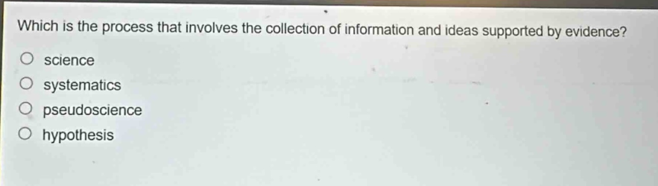 which is the process that involves the collection of information and ideas supported by evidence?\no science\no systematics\no pseudoscience\no hypothesis