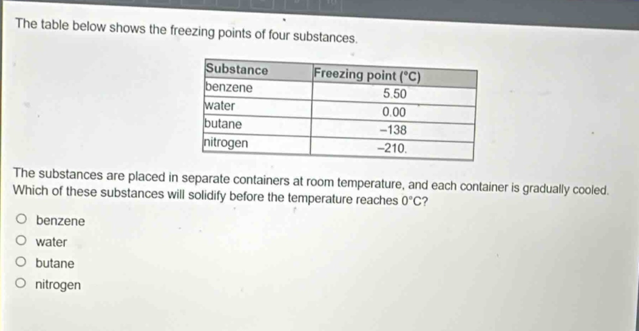 the table below shows the freezing points of four substances. substance freezing point (°c) benzene 5.50 water 0.00 butane -138 nitrogen -210. the substances are placed in separate containers at room temperature, and each container is gradually cooled. which of these substances will solidify before the temperature reaches 0°c? benzene water butane nitrogen