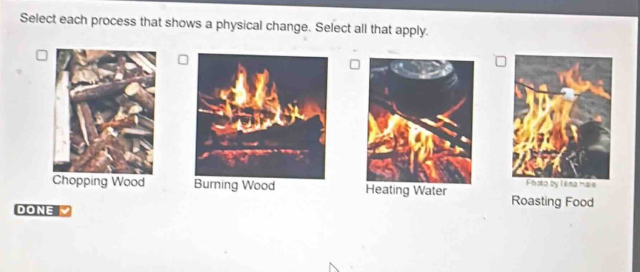 select each process that shows a physical change. select all that apply. chopping wood burning wood heating water roasting food