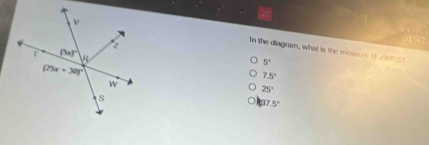 in the diagram, what is the measure of ∠wrs? 5° 7.5° 25° 37.5°