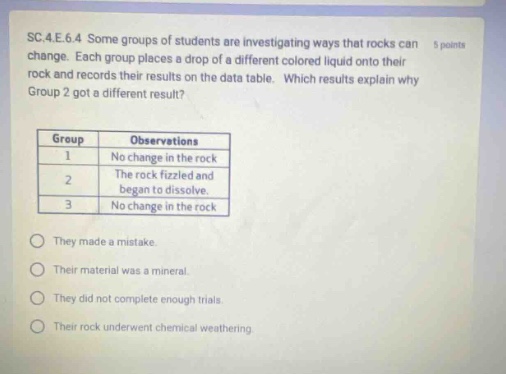 sc.4.e.6.4 some groups of students are investigating ways that rocks can change. each group places a drop of a different colored liquid onto their rock and records their results on the data table. which results explain why group 2 got a different result? group observations 1 no change in the rock 2 the rock fizzled and began to dissolve. 3 no change in the rock they made a mistake. their material was a mineral. they did not complete enough trials. their rock underwent chemical weathering