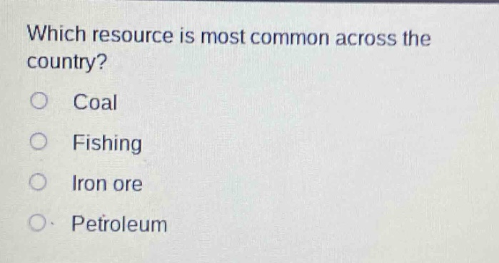 which resource is most common across the country?\ncoal\nfishing\niron ore\npetroleum