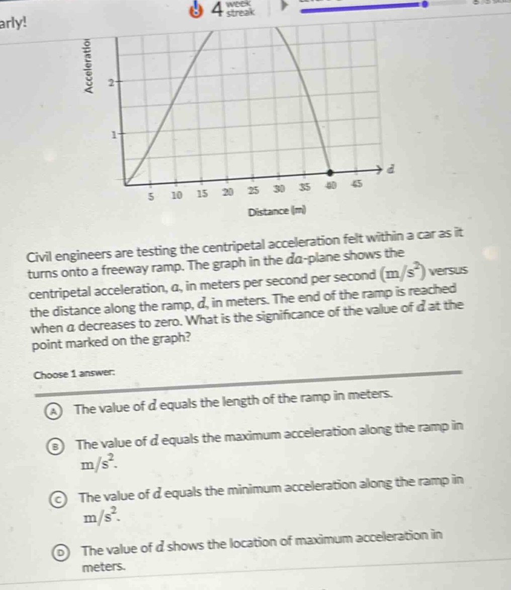 civil engineers are testing the centripetal acceleration felt within a car as it turns onto a freeway ramp. the graph in the da - plane shows the centripetal acceleration, a, in meters per second per second (m/s²) versus the distance along the ramp, d, in meters. the end of the ramp is reached when a decreases to zero. what is the significance of the value of d at the point marked on the graph? choose 1 answer: a the value of d equals the length of the ramp in meters. b the value of d equals the maximum acceleration along the ramp in m/s². c the value of d equals the minimum acceleration along the ramp in m/s². d the value of d shows the location of maximum acceleration in meters.