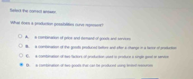 select the correct answer. what does a production possibilities curve represent? a. a combination of price and demand of goods and services b. a combination of the goods produced before and after a change in a factor of production c. a combination of two factors of production used to produce a single good or service d. a combination of two goods that can be produced using limited resources