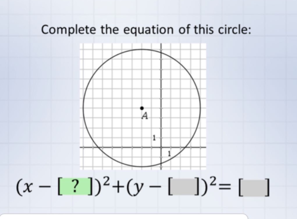 complete the equation of this circle: (x - ?)²+(y - )²=