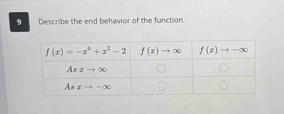 9 describe the end behavior of the function. f(x)=-x^4 + x^2 - 2 f(x)→∞ f(x)→-∞ as x→∞ ○ ○ as x→-∞ ○ ○