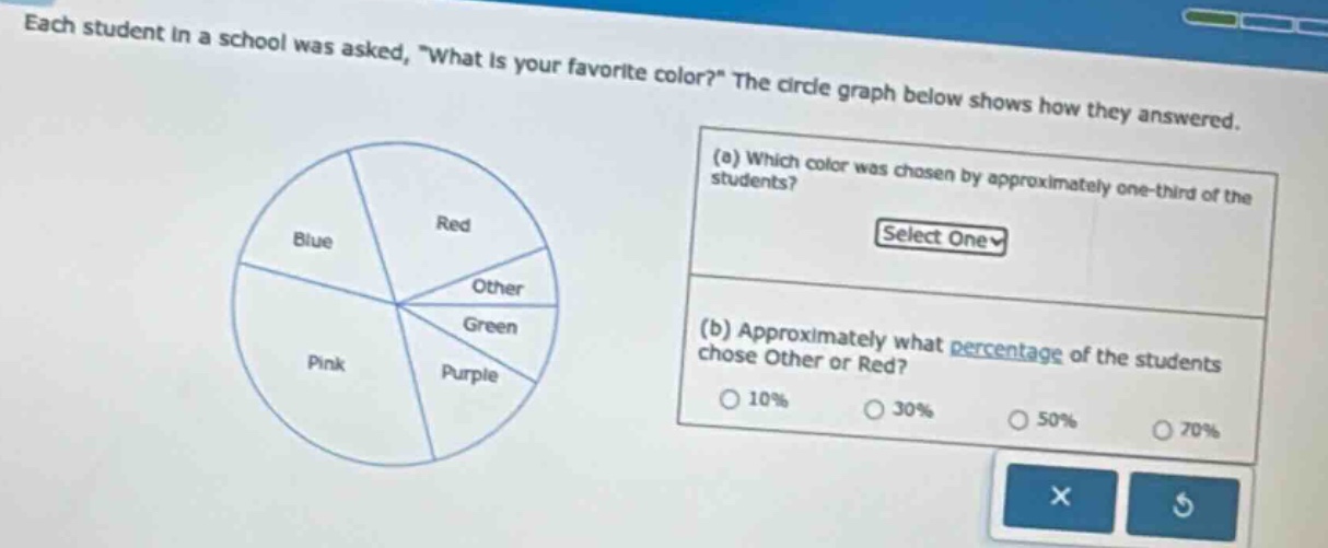 each student in a school was asked, \what is your favorite color?\ the circle graph below shows how they answered. (a) which color was chosen by approximately one - third of the students? select one (b) approximately what percentage of the students chose other or red? 10% 30% 50% 70%