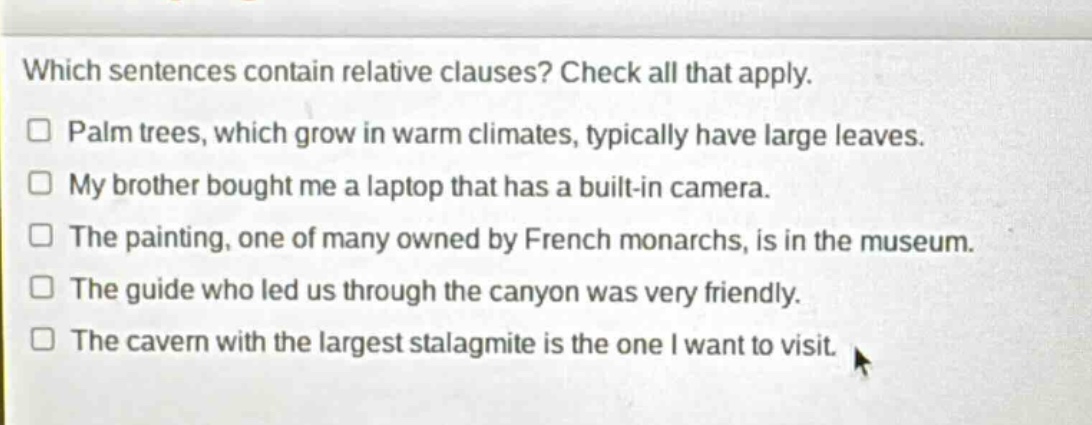 which sentences contain relative clauses? check all that apply. palm trees, which grow in warm climates, typically have large leaves. my brother bought me a laptop that has a built - in camera. the painting, one of many owned by french monarchs, is in the museum. the guide who led us through the canyon was very friendly. the cavern with the largest stalagmite is the one i want to visit.