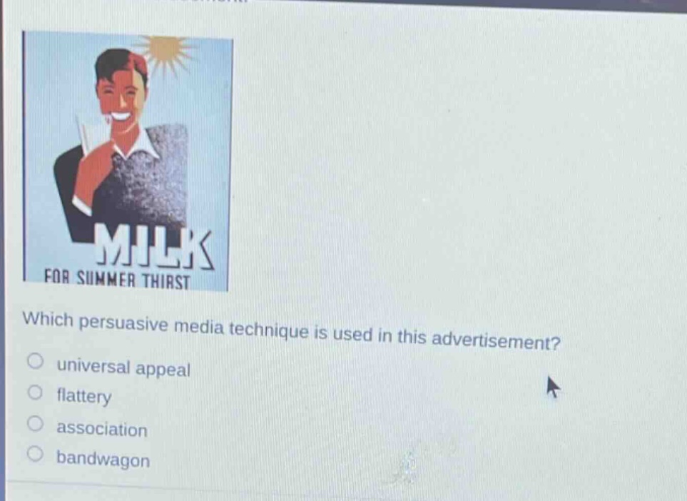which persuasive media technique is used in this advertisement?\nuniversal appeal\nflattery\nassociation\nbandwagon