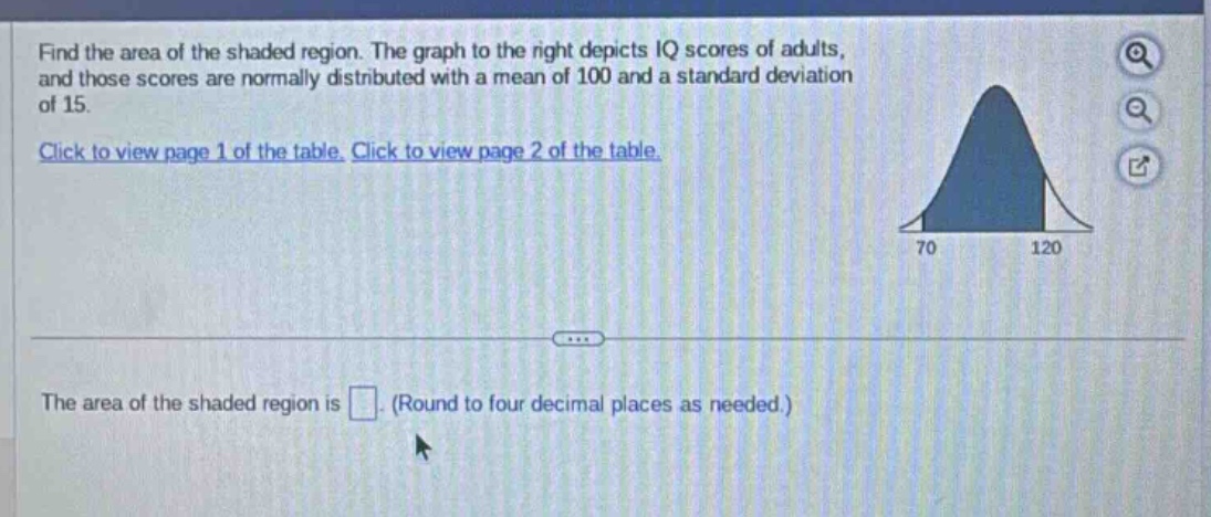 find the area of the shaded region. the graph to the right depicts iq scores of adults, and those scores are normally distributed with a mean of 100 and a standard deviation of 15. click to view page 1 of the table. click to view page 2 of the table. the area of the shaded region is . (round to four decimal places as needed.)