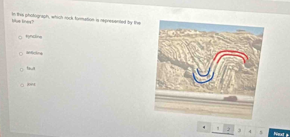 in this photograph, which rock formation is represented by the blue lines?\nsyncline\nanticline\nfault\njoint