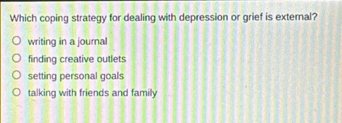 which coping strategy for dealing with depression or grief is external?\nwriting in a journal\nfinding creative outlets\nsetting personal goals\ntalking with friends and family