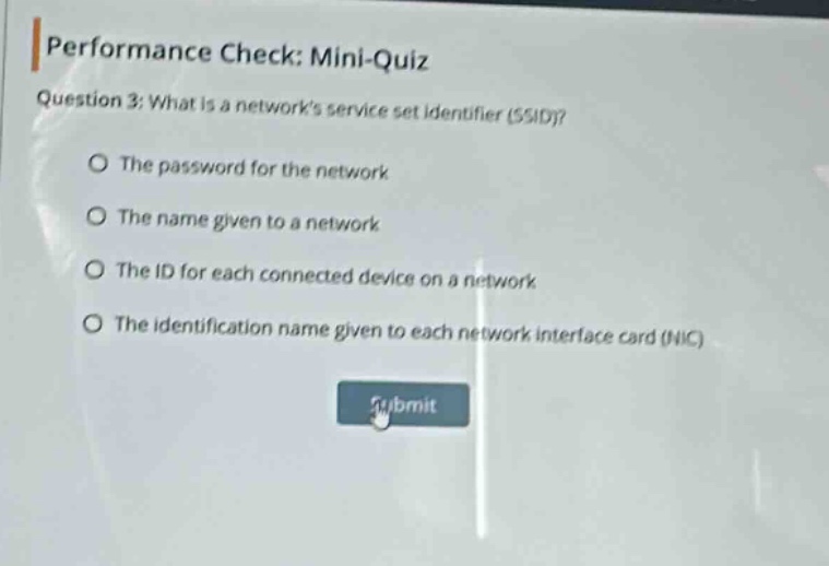 performance check: mini - quiz question 3: what is a networks service set identifier (ssid)? the password for the network the name given to a network the id for each connected device on a network the identification name given to each network interface card (nic)