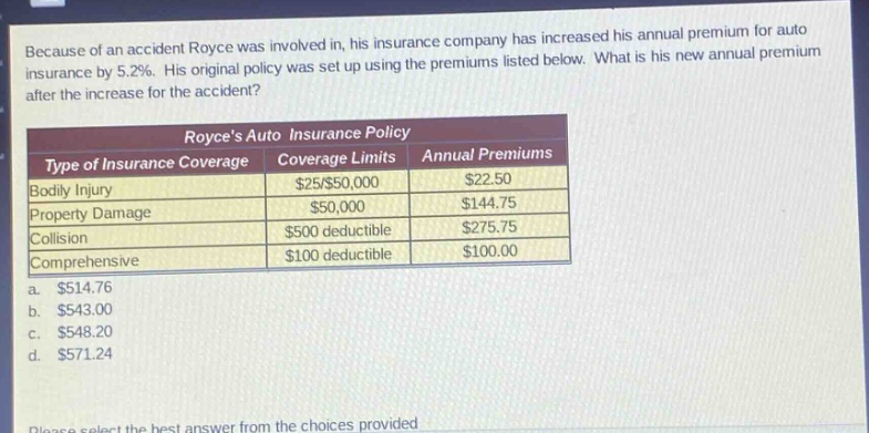 because of an accident royce was involved in, his insurance company has increased his annual premium for auto insurance by 5.2%. his original policy was set up using the premiums listed below. what is his new annual premium after the increase for the accident? royces auto insurance policy type of insurance coverage coverage limits annual premiums bodily injury $25/$50,000 $22.50 property damage $50,000 $144.75 collision $500 deductible $275.75 comprehensive $100 deductible $100.00 a. $514.76 b. $543.00 c. $548.20 d. $571.24 please select the best answer from the choices provided