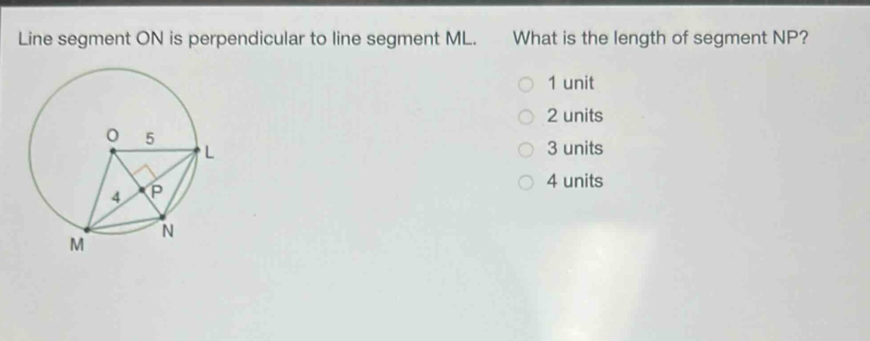 line segment on is perpendicular to line segment ml. what is the length of segment np? 1 unit 2 units 3 units 4 units