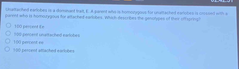 unattached earlobes is a dominant trait, e. a parent who is homozygous for unattached earlobes is crossed with a parent who is homozygous for attached earlobes. which describes the genotypes of their offspring? 100 percent ee 100 percent unattached earlobes 100 percent ee 100 percent attached earlobes