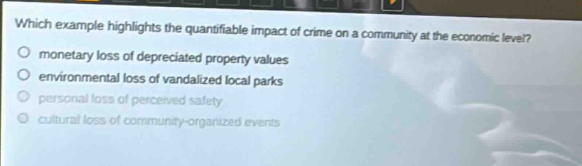 which example highlights the quantifiable impact of crime on a community at the economic level?\nmonetary loss of depreciated property values\nenvironmental loss of vandalized local parks\npersonal loss of perceived safety\ncultural loss of community - organized events