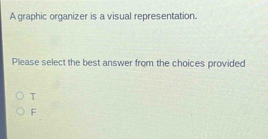 a graphic organizer is a visual representation. please select the best answer from the choices provided o t o f