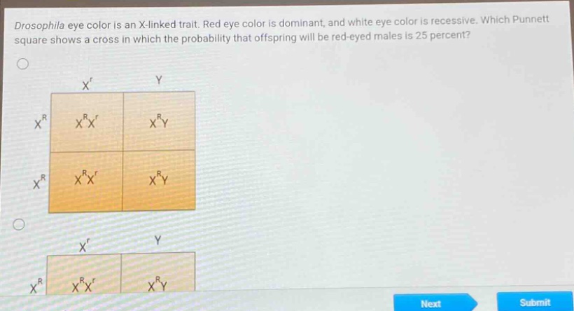 drosophila eye color is an x - linked trait. red eye color is dominant, and white eye color is recessive. which punnett square shows a cross in which the probability that offspring will be red - eyed males is 25 percent?
