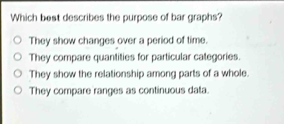 which best describes the purpose of bar graphs? they show changes over a period of time. they compare quantities for particular categories. they show the relationship among parts of a whole. they compare ranges as continuous data.