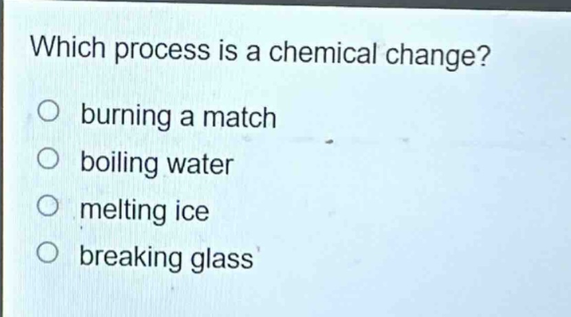 which process is a chemical change?\no burning a match\no boiling water\no melting ice\no breaking glass