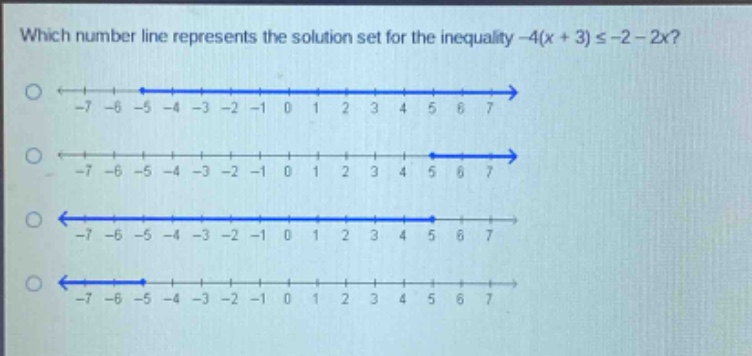 which number line represents the solution set for the inequality -4(x + 3) ≤ -2 - 2x?