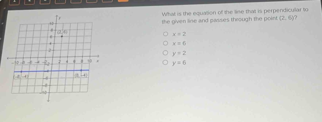 what is the equation of the line that is perpendicular to the given line and passes through the point (2, 6)?\no x = 2\no x = 6\no y = 2\no y = 6