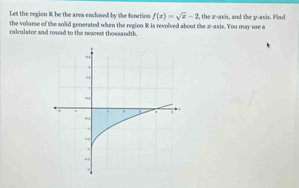 let the region r be the area enclosed by the function f(x) = √x - 2, the x - axis, and the y - axis. find the volume of the solid generated when the region r is revolved about the x - axis. you may use a calculator and round to the nearest thousandth.