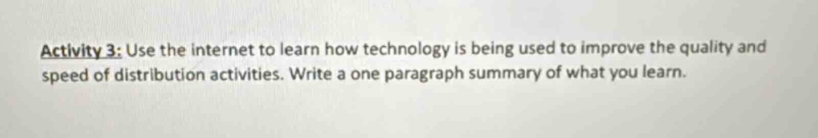 activity 3: use the internet to learn how technology is being used to improve the quality and speed of distribution activities. write a one - paragraph summary of what you learn.
