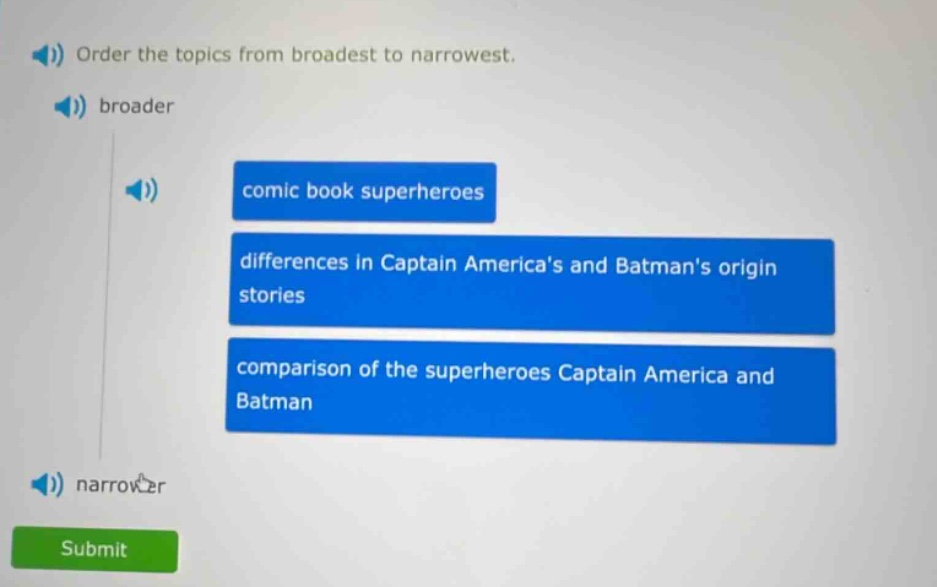 order the topics from broadest to narrowest. broader comic book superheroes differences in captain americas and batmans origin stories comparison of the superheroes captain america and batman narrower