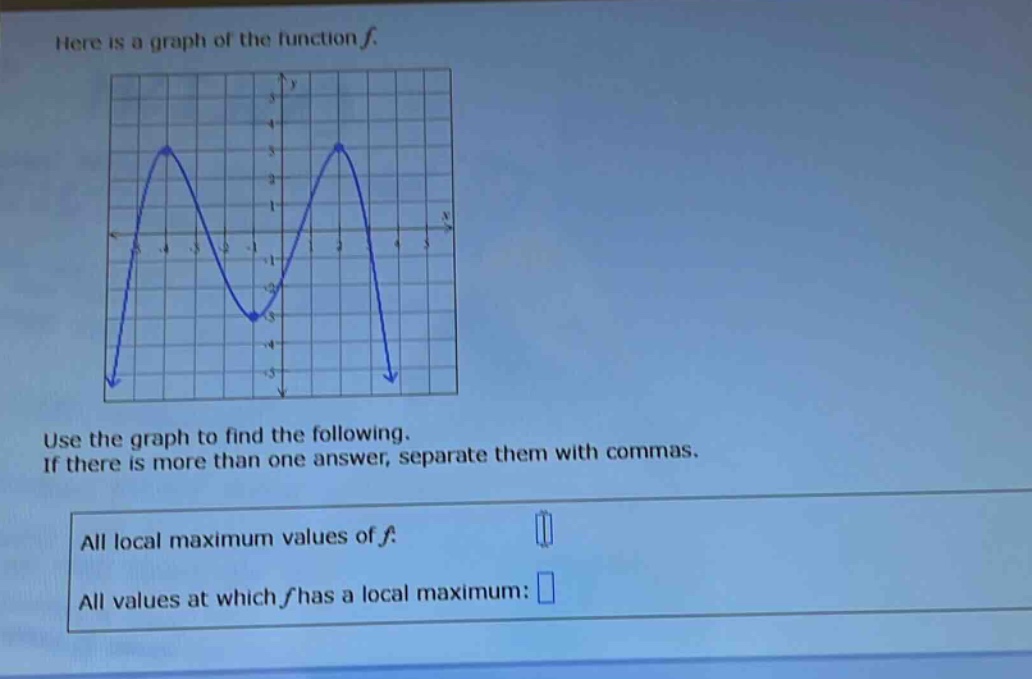 here is a graph of the function f. use the graph to find the following. if there is more than one answer, separate them with commas. all local maximum values of f. all values at which f has a local maximum: